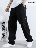 N Club Men’s Black Relaxed Fit Cargo Jeans with Utility Pockets