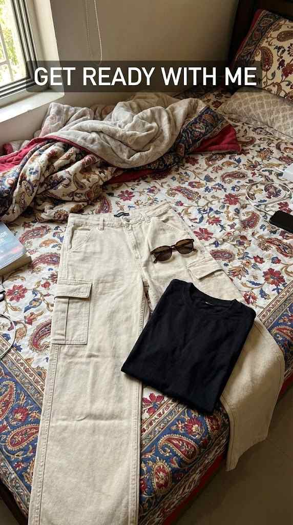 Stylish Beige Utility Trousers Sitting Pose